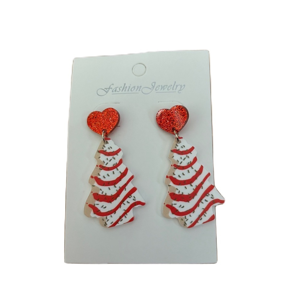 Little Debbie Christmas Tree Dangle Earrings NEW White Red Glitter